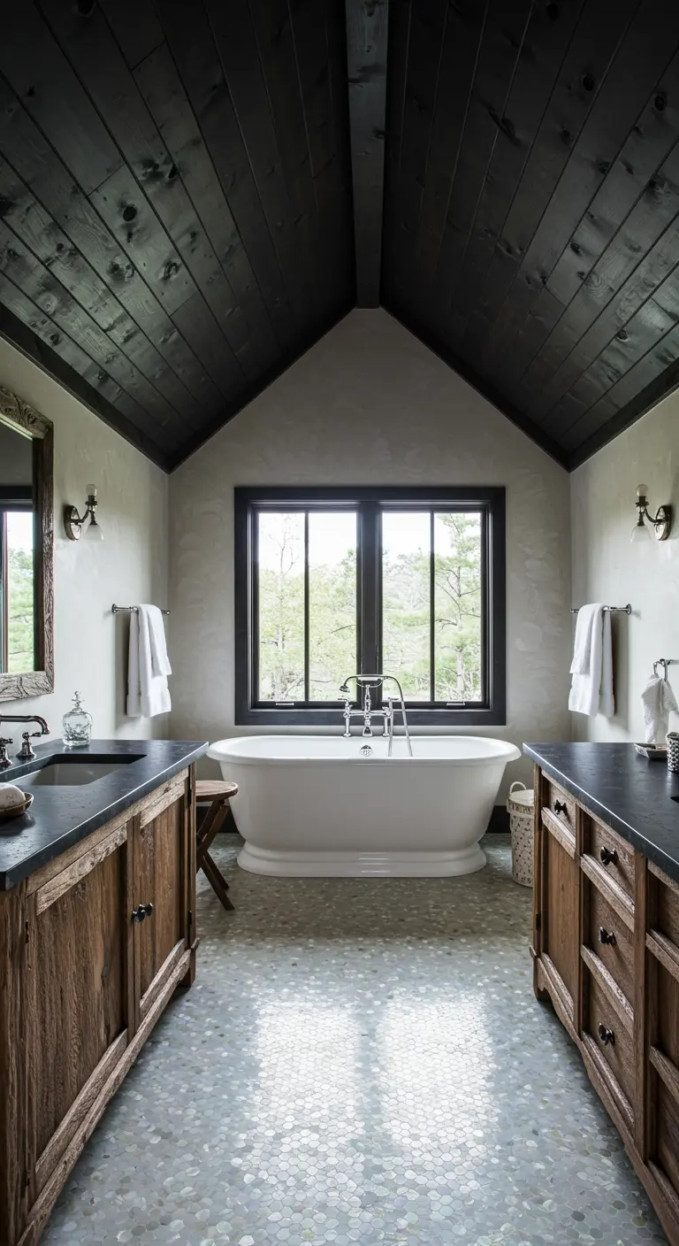 Symmetrical bathroom with a dark wood ceiling, framing a large window above a tub.