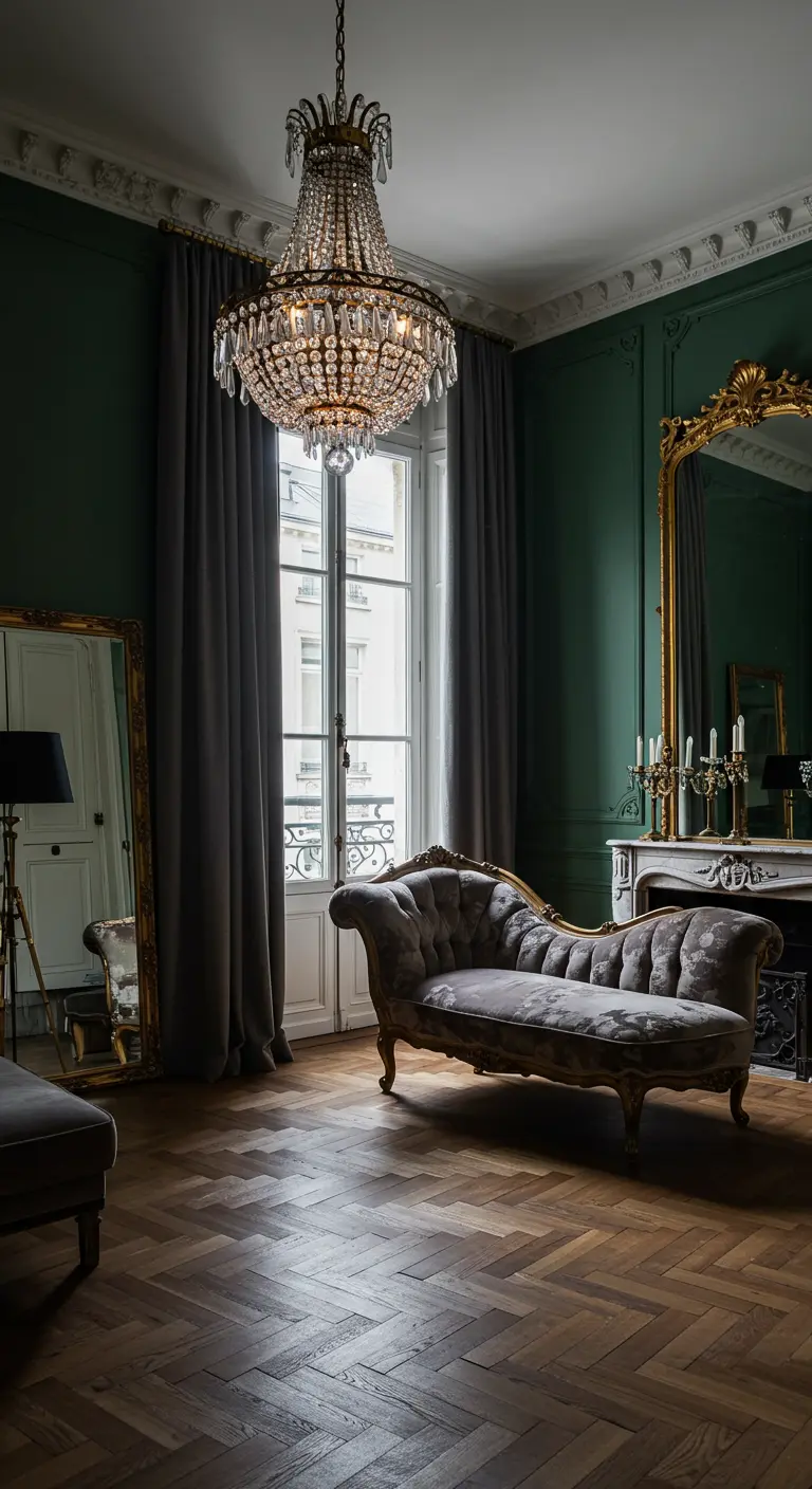 Parisian-style room with emerald walls, a crystal chandelier, and long grey curtains framing a tall window.