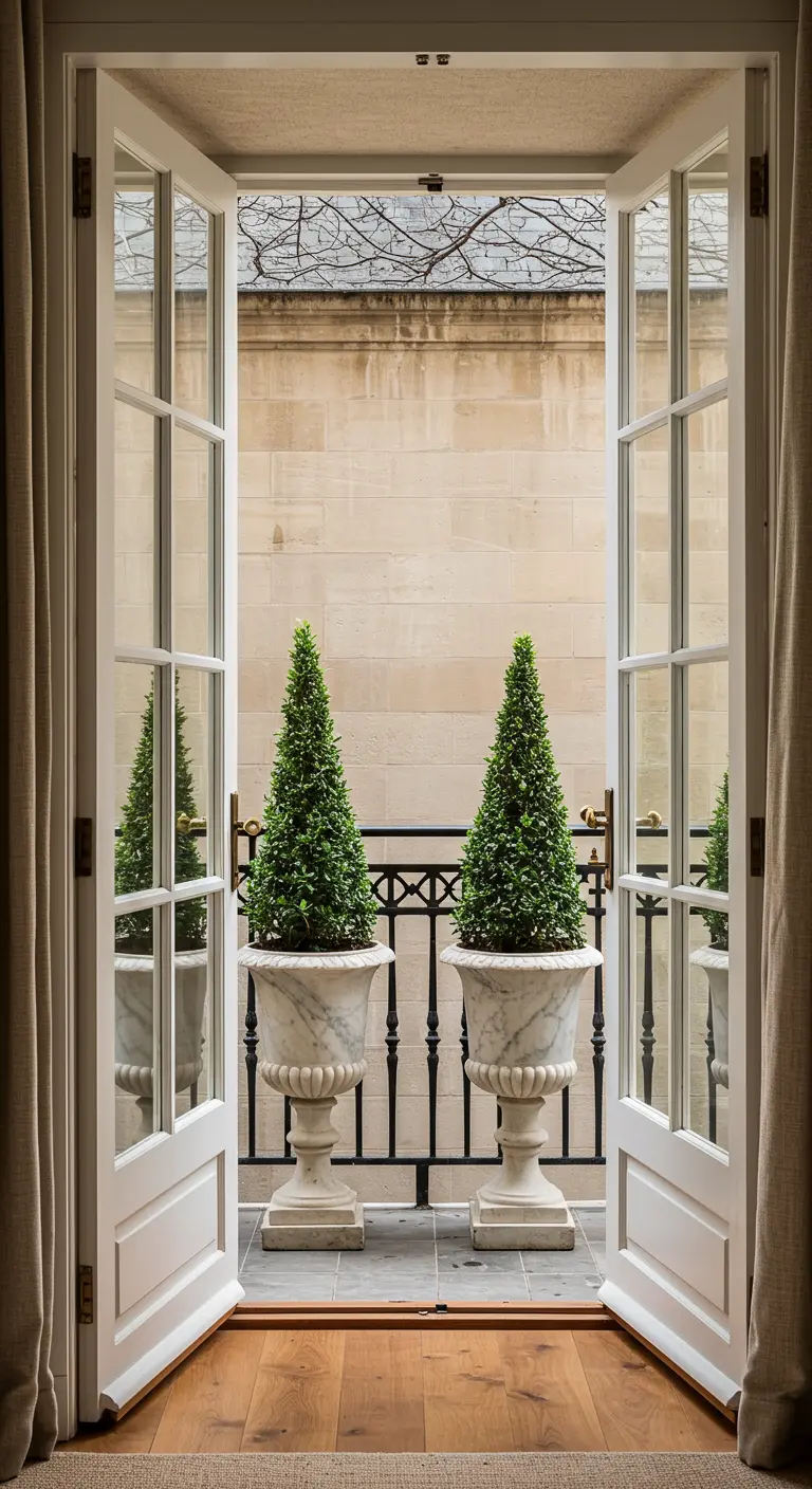 View through open french doors to two conical evergreens in classic urns.