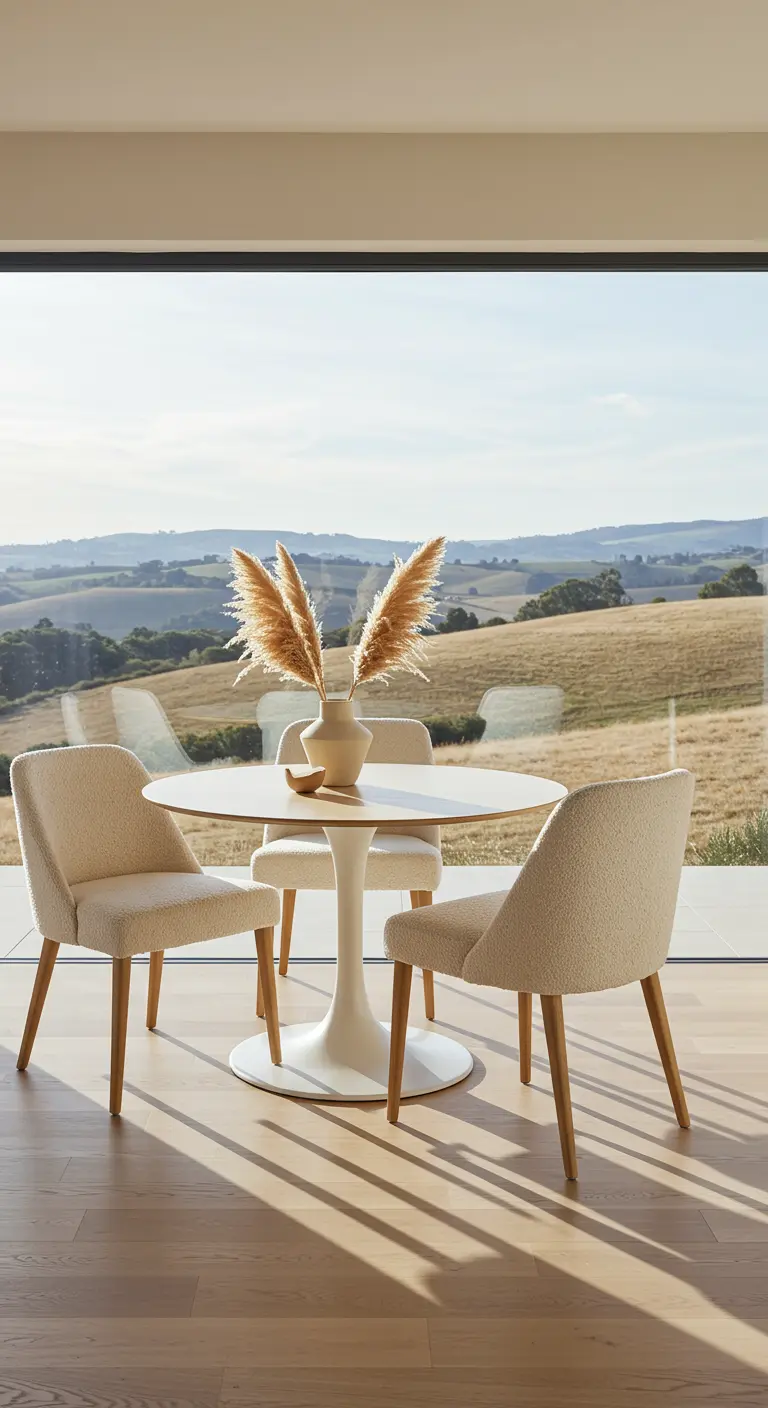 Minimalist dining set with bouclé chairs in front of a large window overlooking hills.