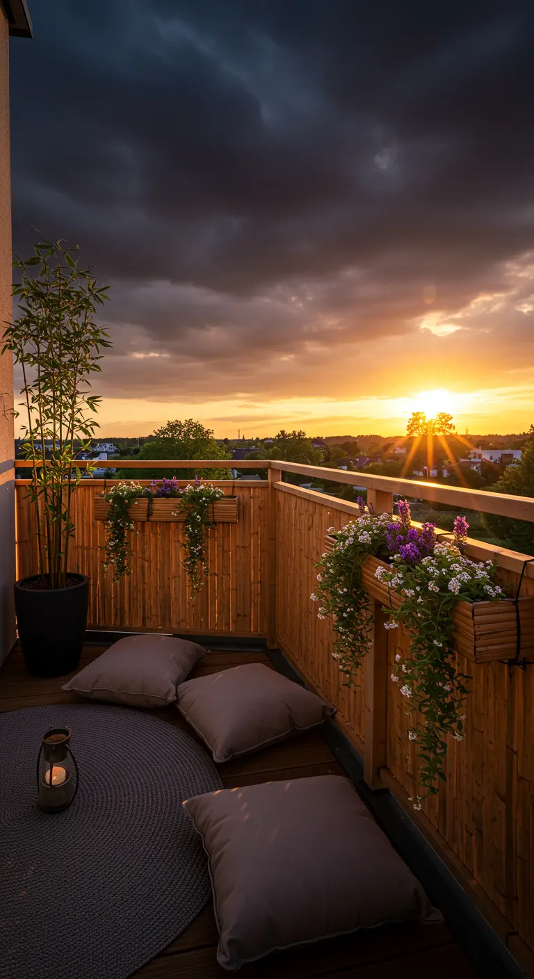 A balcony with a bamboo railing and floor cushions looking out over a dramatic sunset.