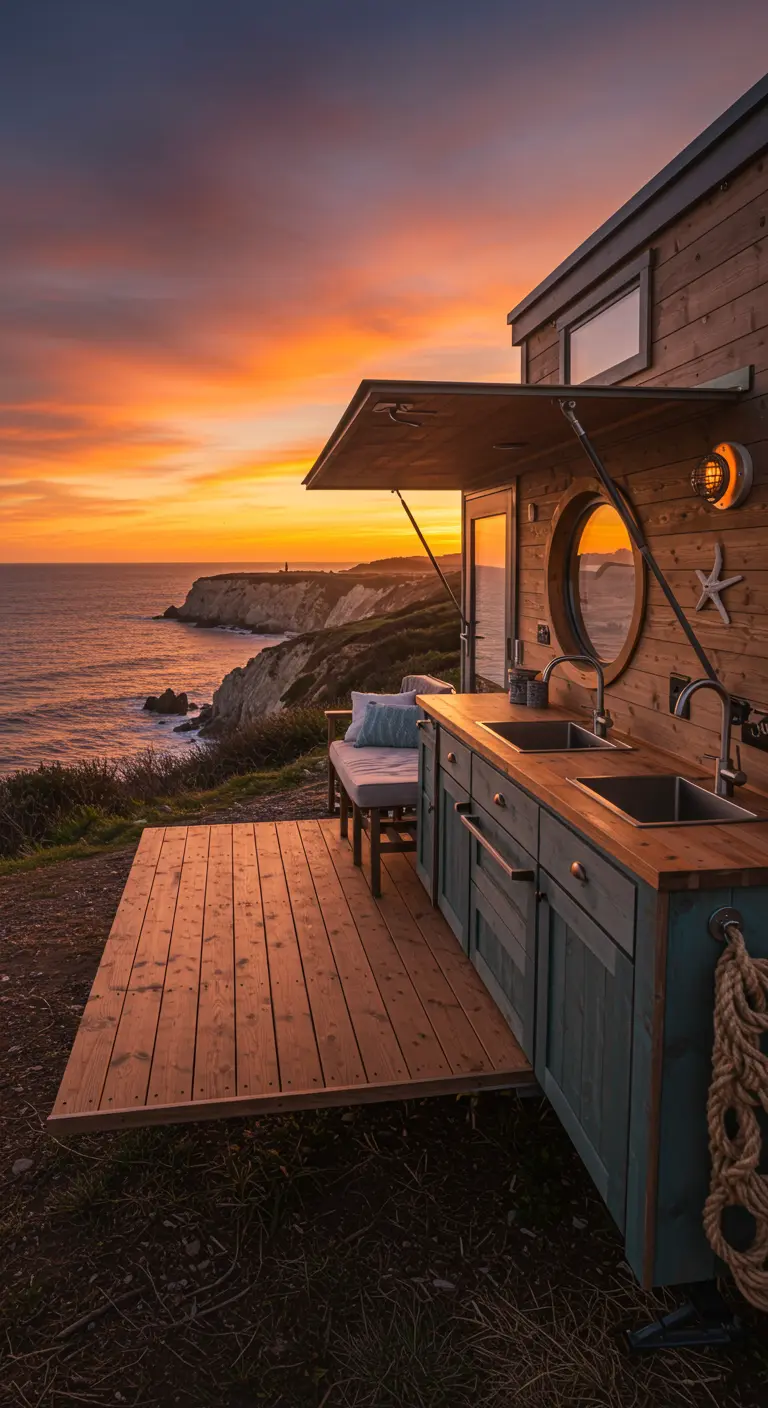 Tiny home outdoor kitchen with teal cabinets on a cliff overlooking the ocean at sunset.