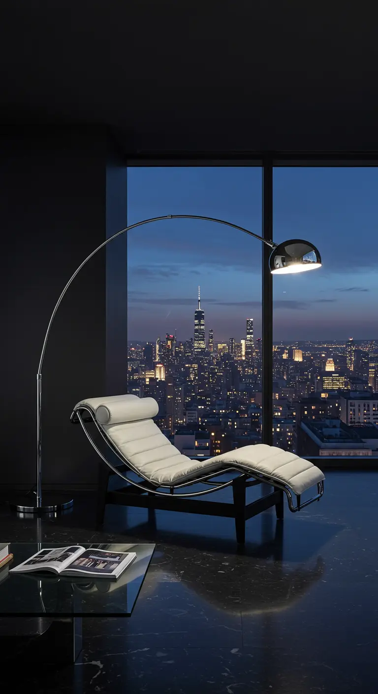 White leather chaise and chrome arc lamp in a dark room overlooking a city skyline at dusk.
