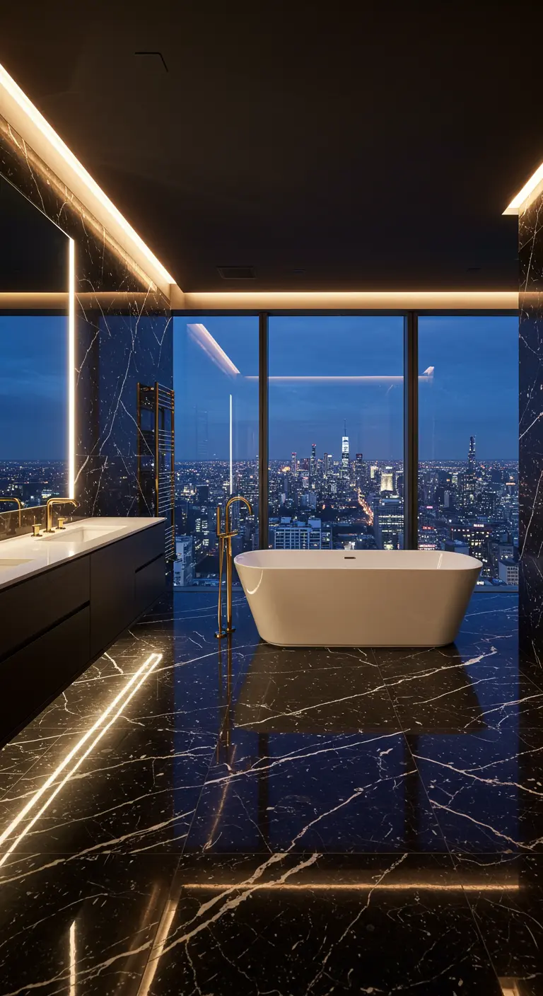 Black marble bathroom with a city view and LED strip lighting on the floor.