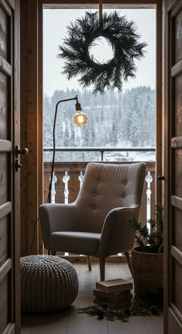 View from indoors looking out to a balcony with a pine wreath hanging in the doorway.