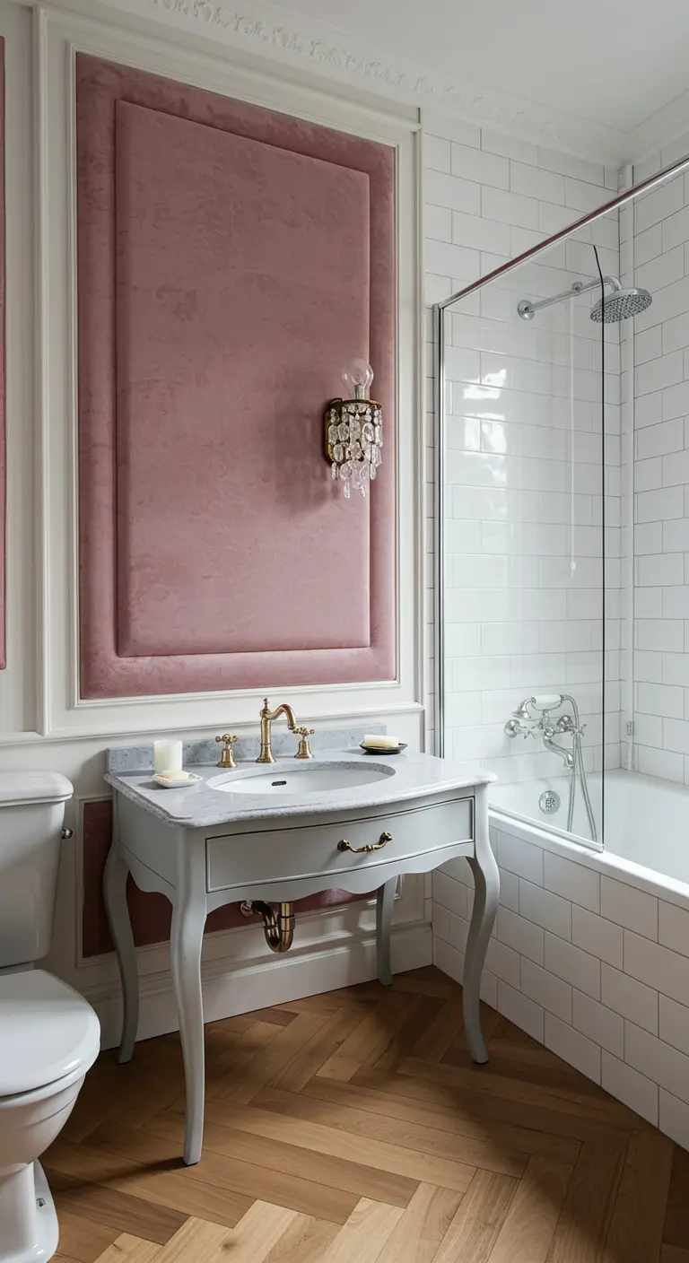 Elegant bathroom with a dusty rose velvet panel framed by white wall moulding.