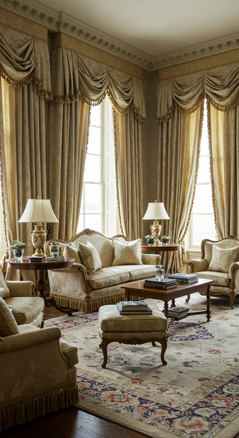 Formal living room with elaborate, traditional gold drapery, antique furniture, and an oriental rug.