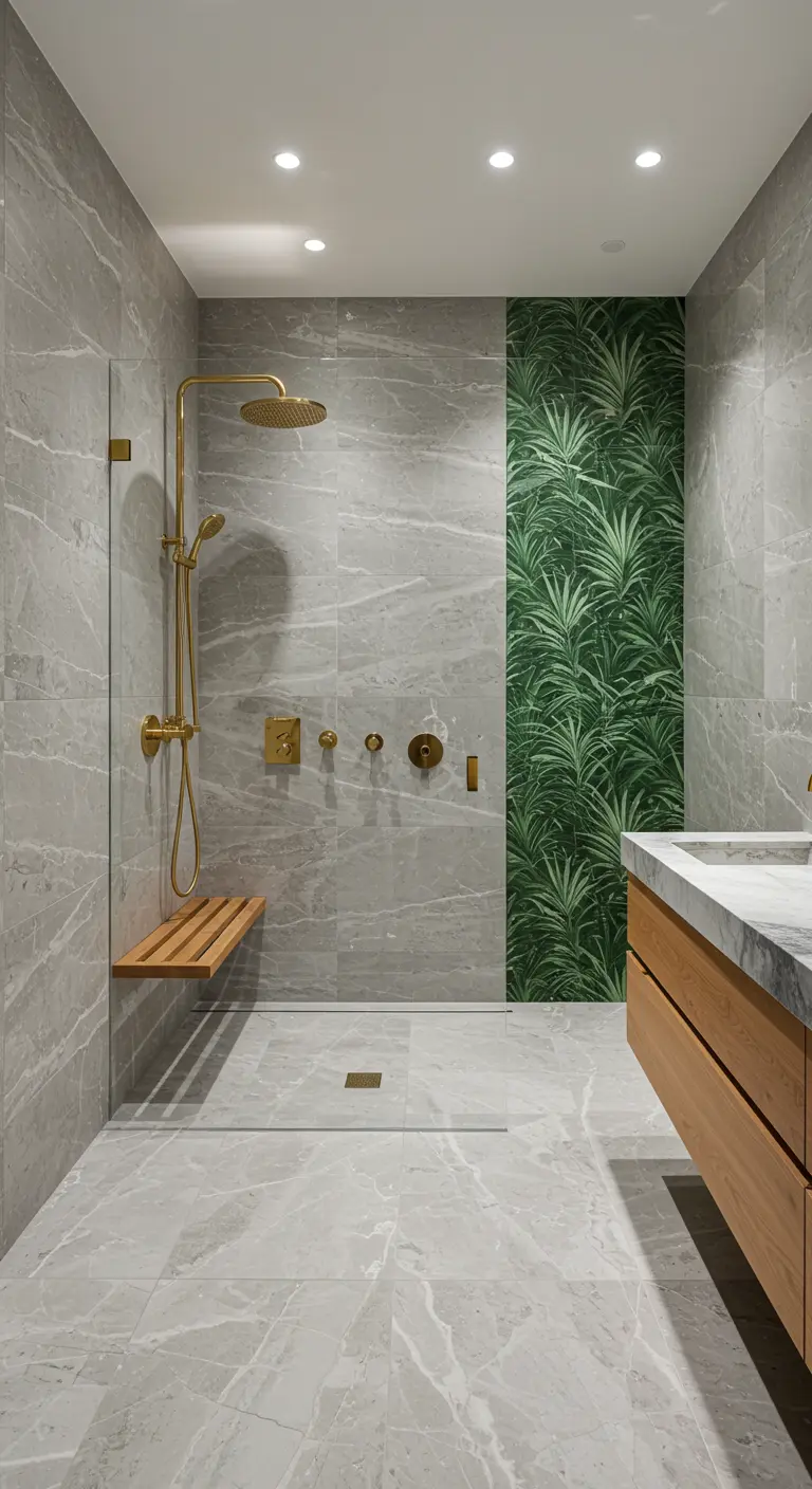 Minimalist marble wet room with a green palm wallpaper panel inside the shower.