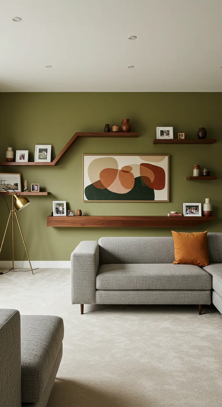 Sculptural wood shelves wrapping around abstract art on an olive-green wall.