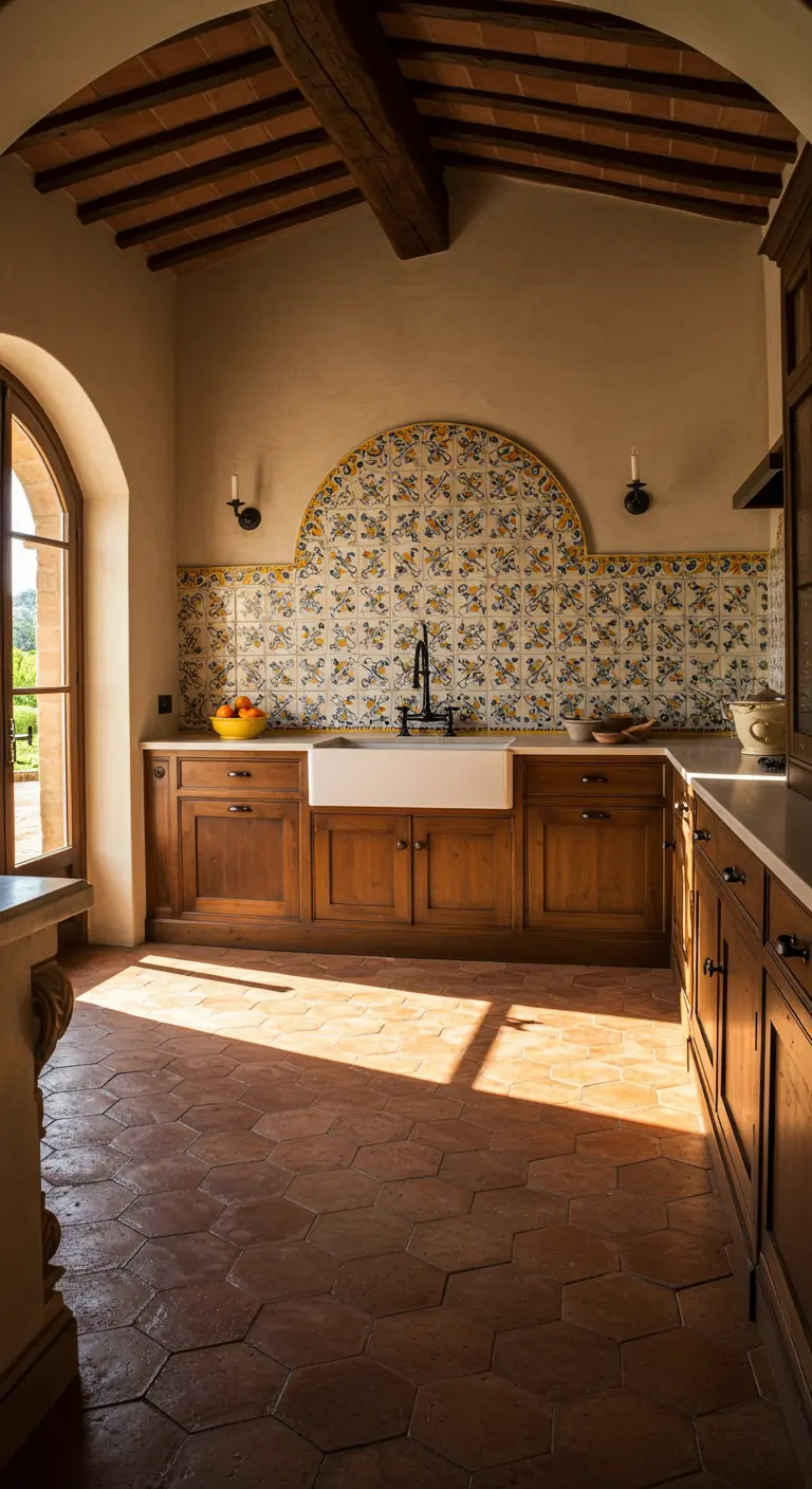 Tuscan kitchen with terra cotta hex tiles and an arched patterned backsplash.