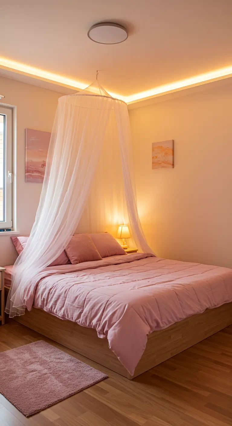 Pink bedroom with a sheer canopy hanging over the bed and warm cove lighting.