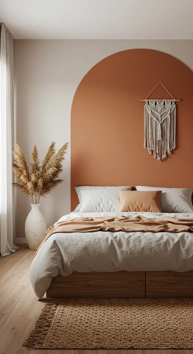 Terracotta painted arch behind a bed with natural textures.