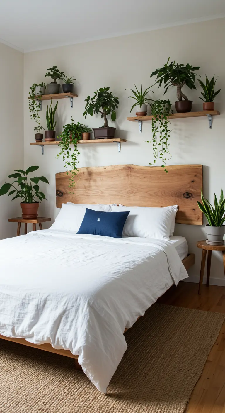 Minimalist bedroom featuring a live-edge wood headboard and shelves with bonsai and other plants.