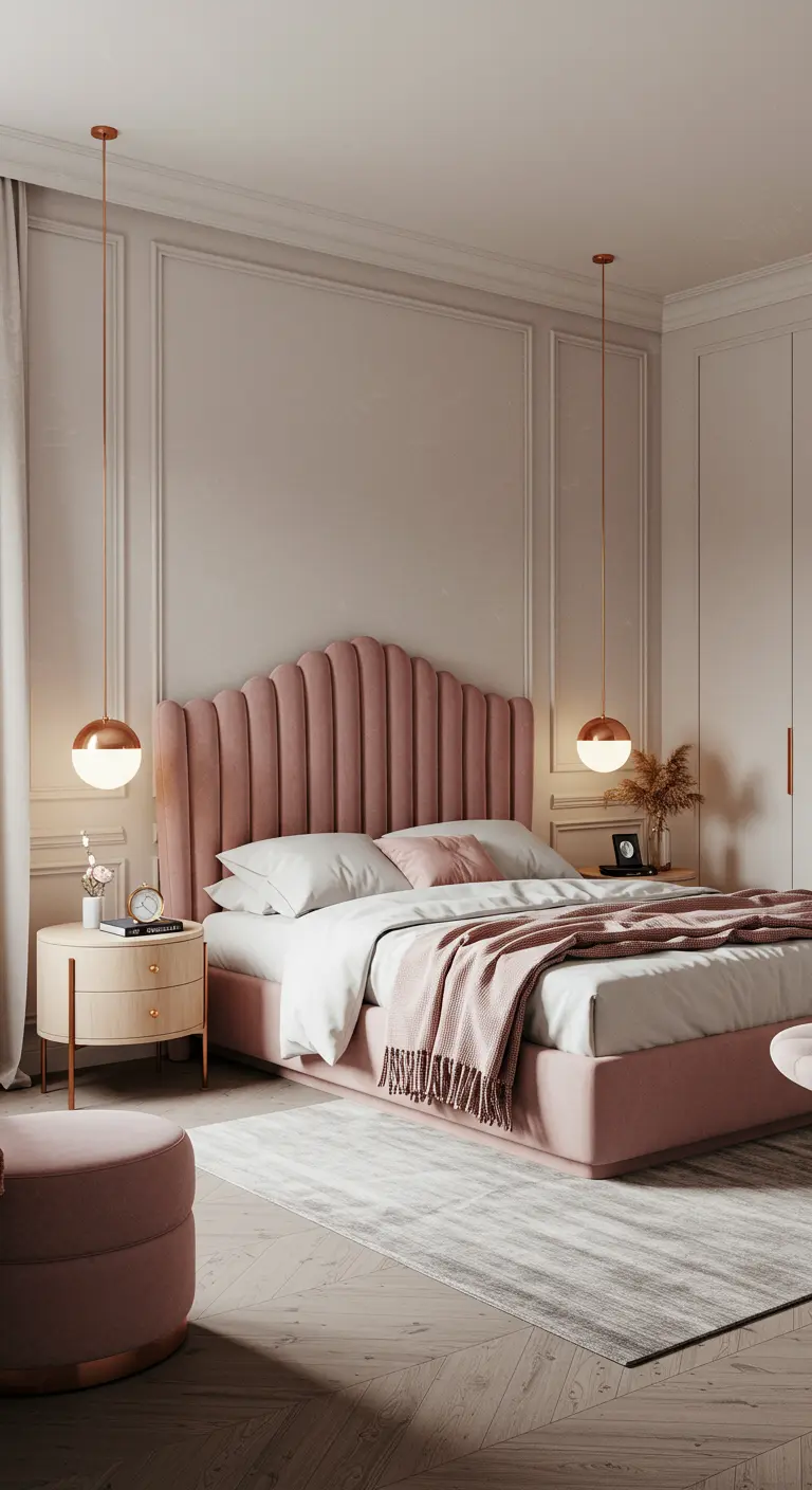 Blush pink bedroom with a channeled headboard and hanging rose gold pendant lights.