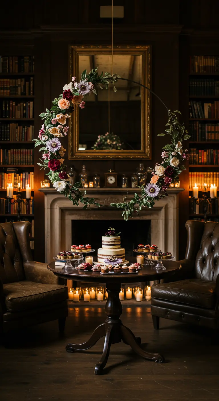 A wedding cake on a table in front of a fireplace, framed by a large, delicate floral hoop.