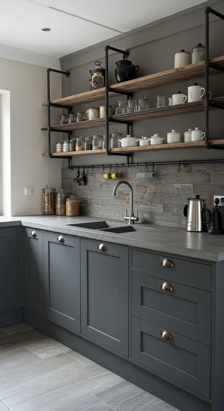 Grey kitchen with open industrial-style shelving made from black pipes and thick wooden planks.