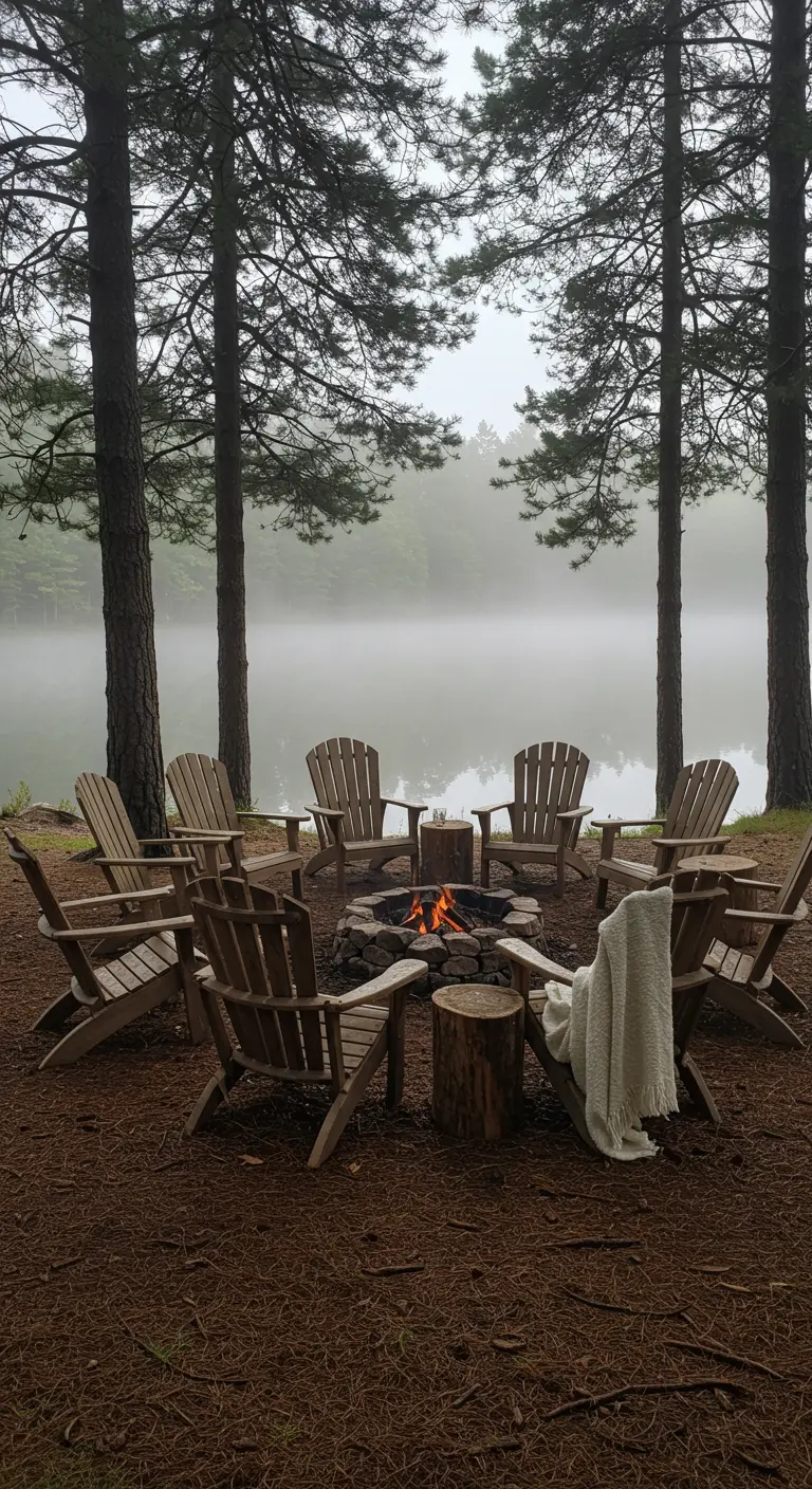 A fire pit circle on the edge of a foggy lake, framed by tall pine trees.