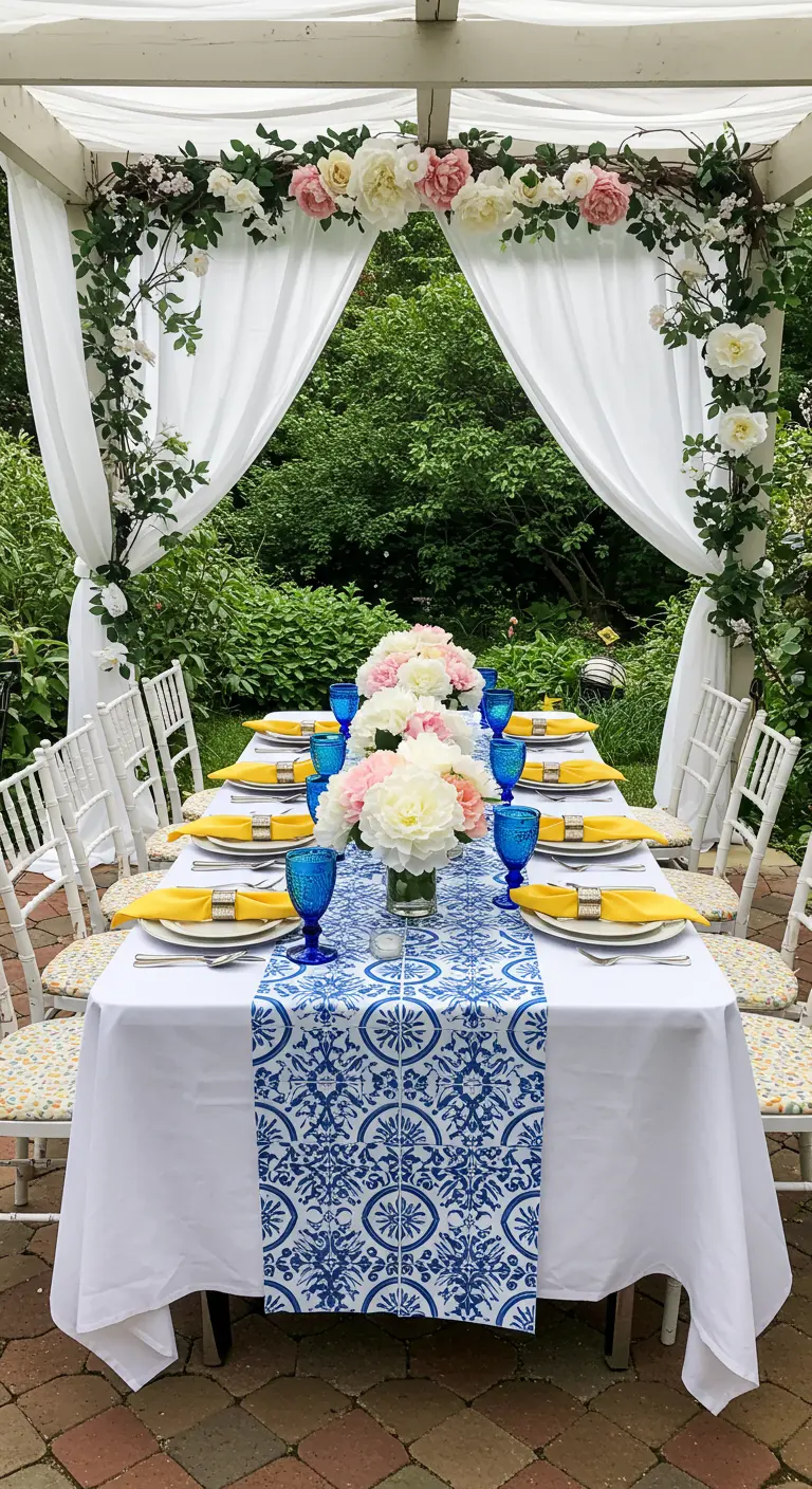 An elegant outdoor dining table under a white canopy adorned with flowers, featuring a blue tiled runner.