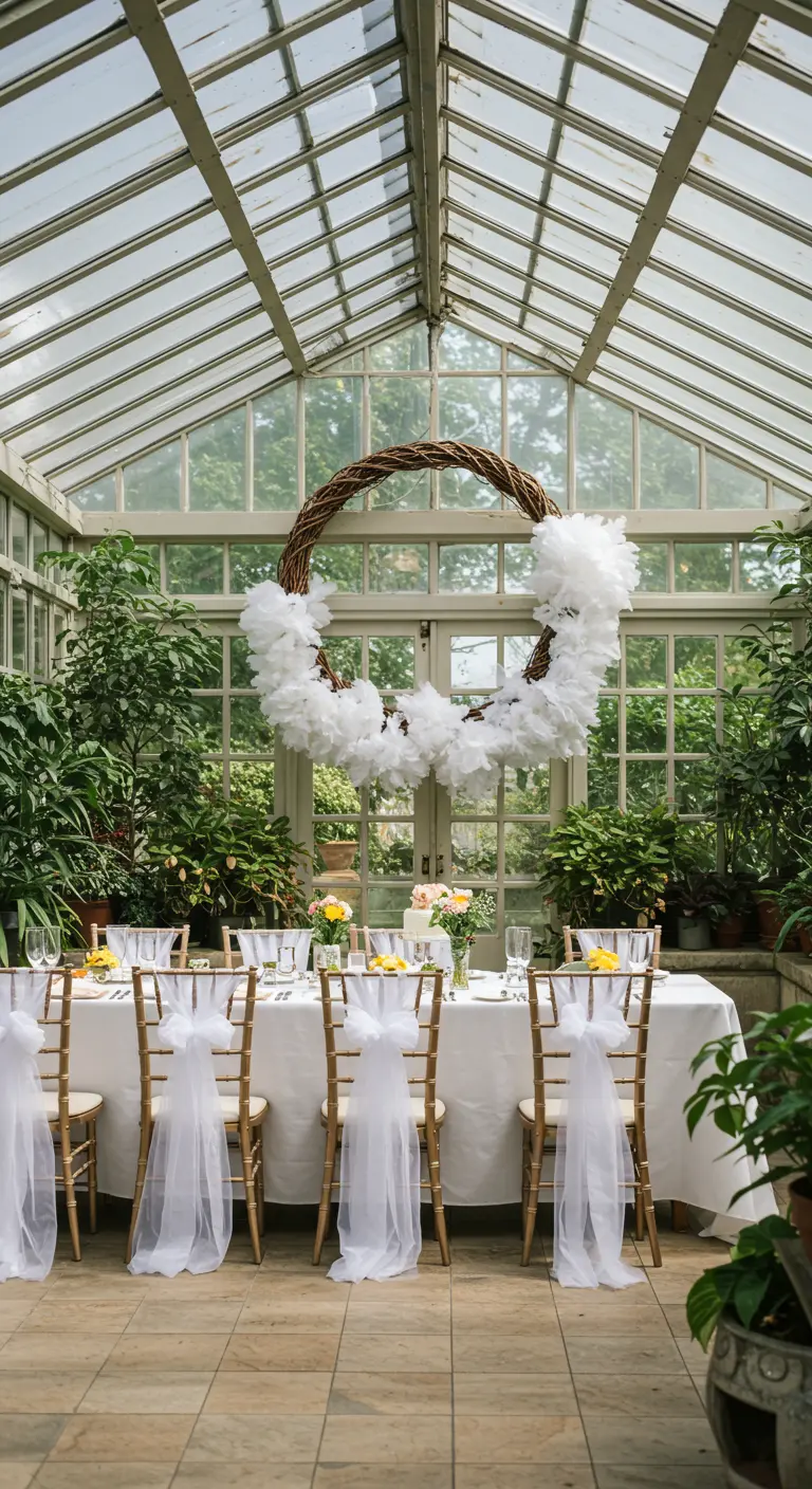 A large grapevine wreath decorated with fluffy white tulle.