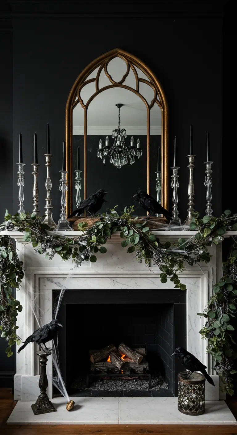 A white marble fireplace decorated with a dark garland, black crows, and silver candlesticks.