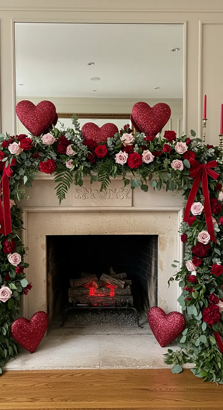 A fireplace mantel and surround decorated with a lush garland of greenery, roses, and red glitter hearts.