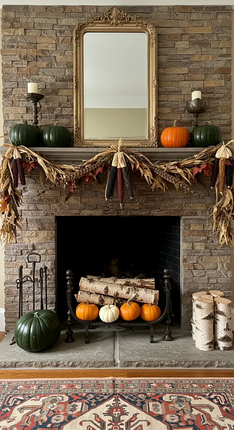 Stone fireplace mantel decorated with a corn husk garland, dark green pumpkins, and a gold mirror.