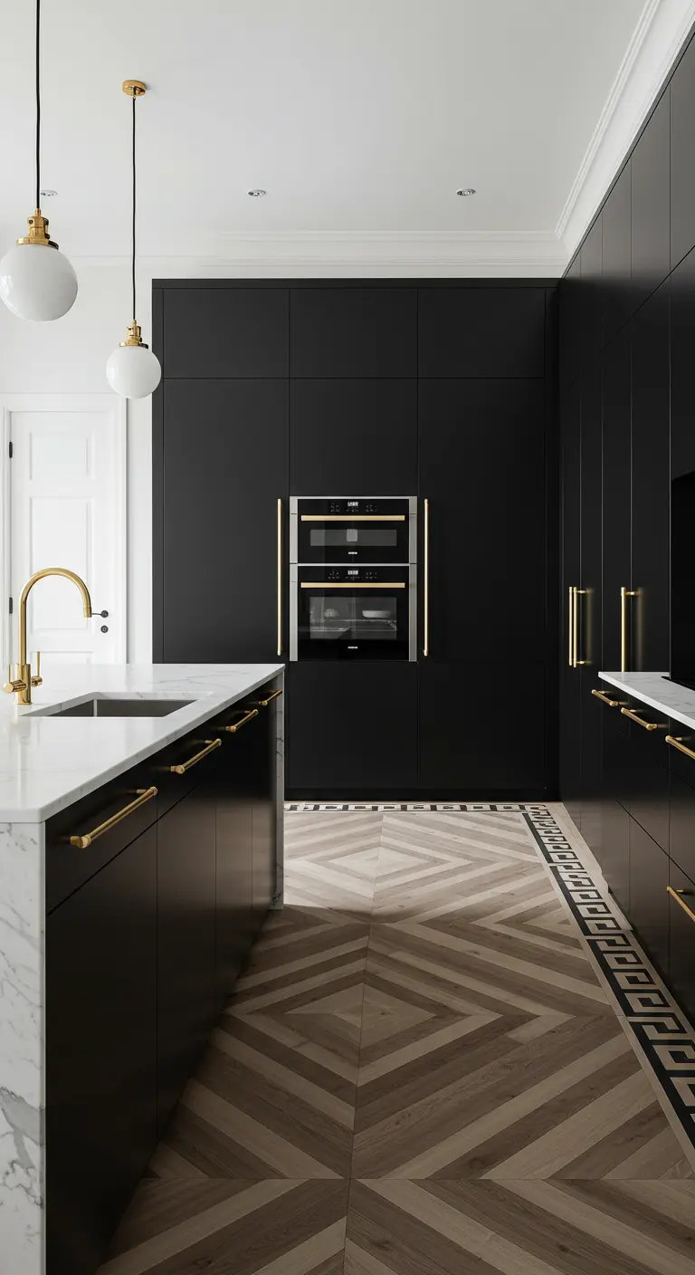 Kitchen with black cabinets and a wood-look tile floor with a geometric black border.