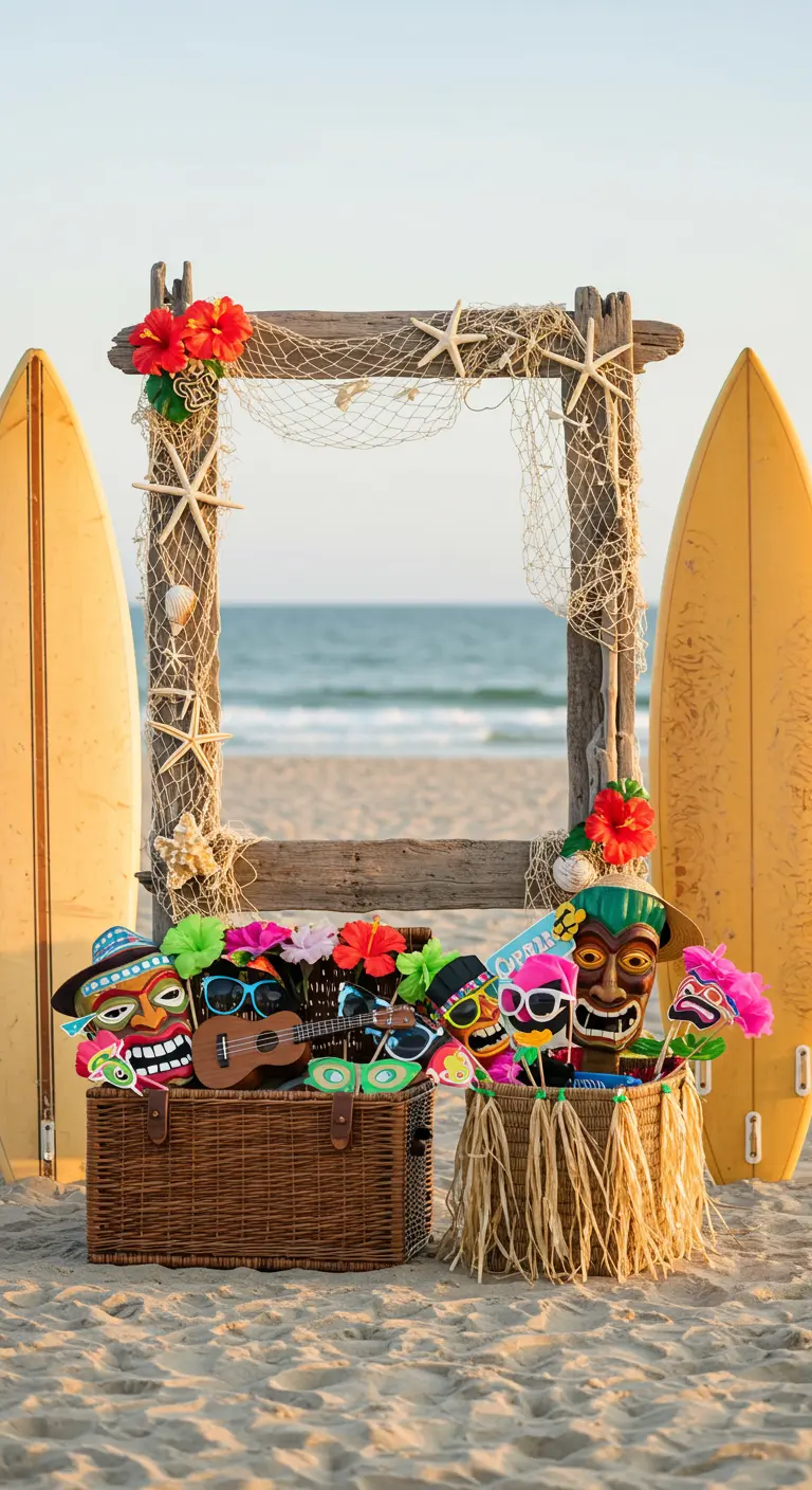 A driftwood photo booth frame on the beach with tiki props and surfboards.