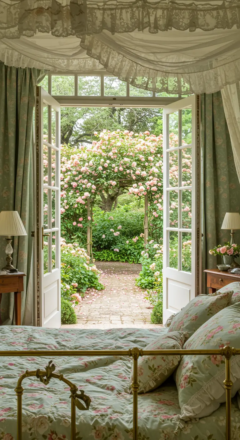 View from a bedroom looking out through open french doors to a lush rose garden.