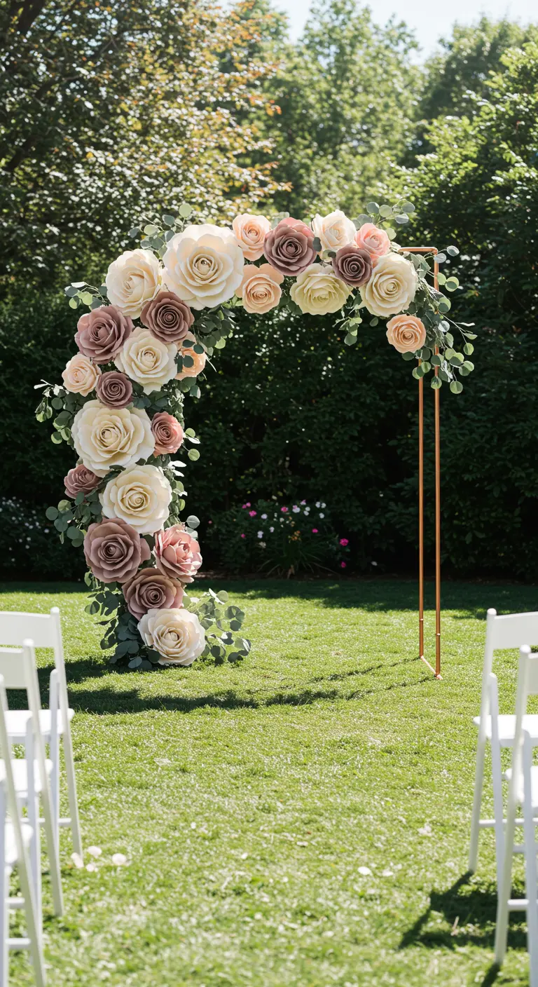 A romantic crescent-shaped wedding arch made of blush, cream, and mauve paper roses on a green lawn.