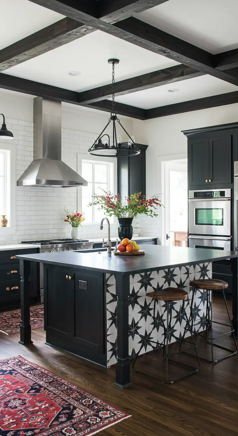 A black-and-white kitchen with a star-patterned tile island framed in black wood.