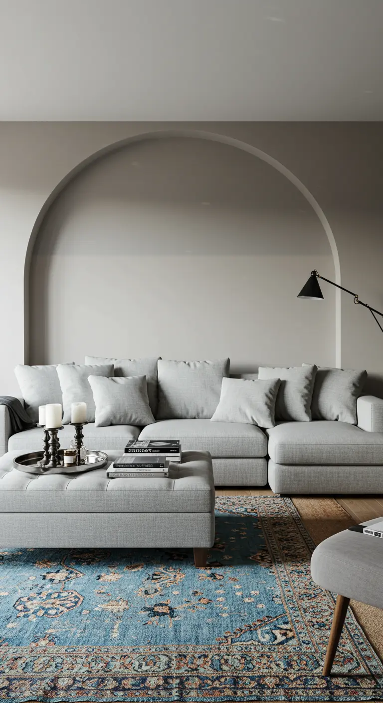 A large gray sectional sofa sits under a wide architectural arch in a neutral living room.