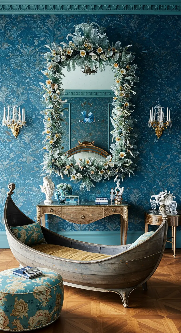 Ornate mirror decorated with a massive frosted floral garland in a teal room.