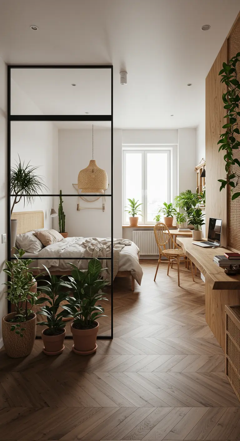 Bohemian studio with a glass divider, wooden furniture, and numerous indoor plants.