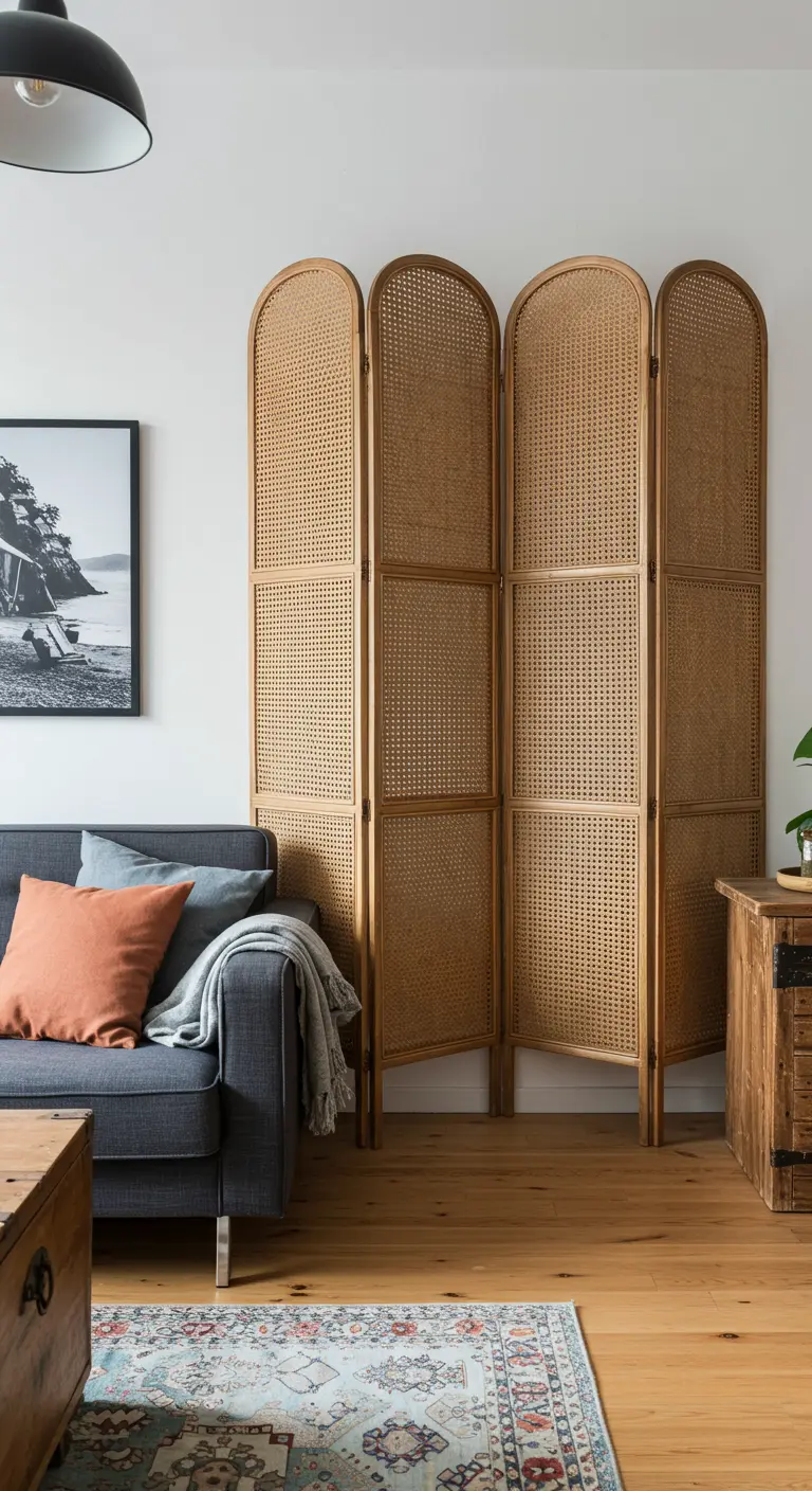 A four-panel arched cane screen stands behind a dark gray sofa in a living room.