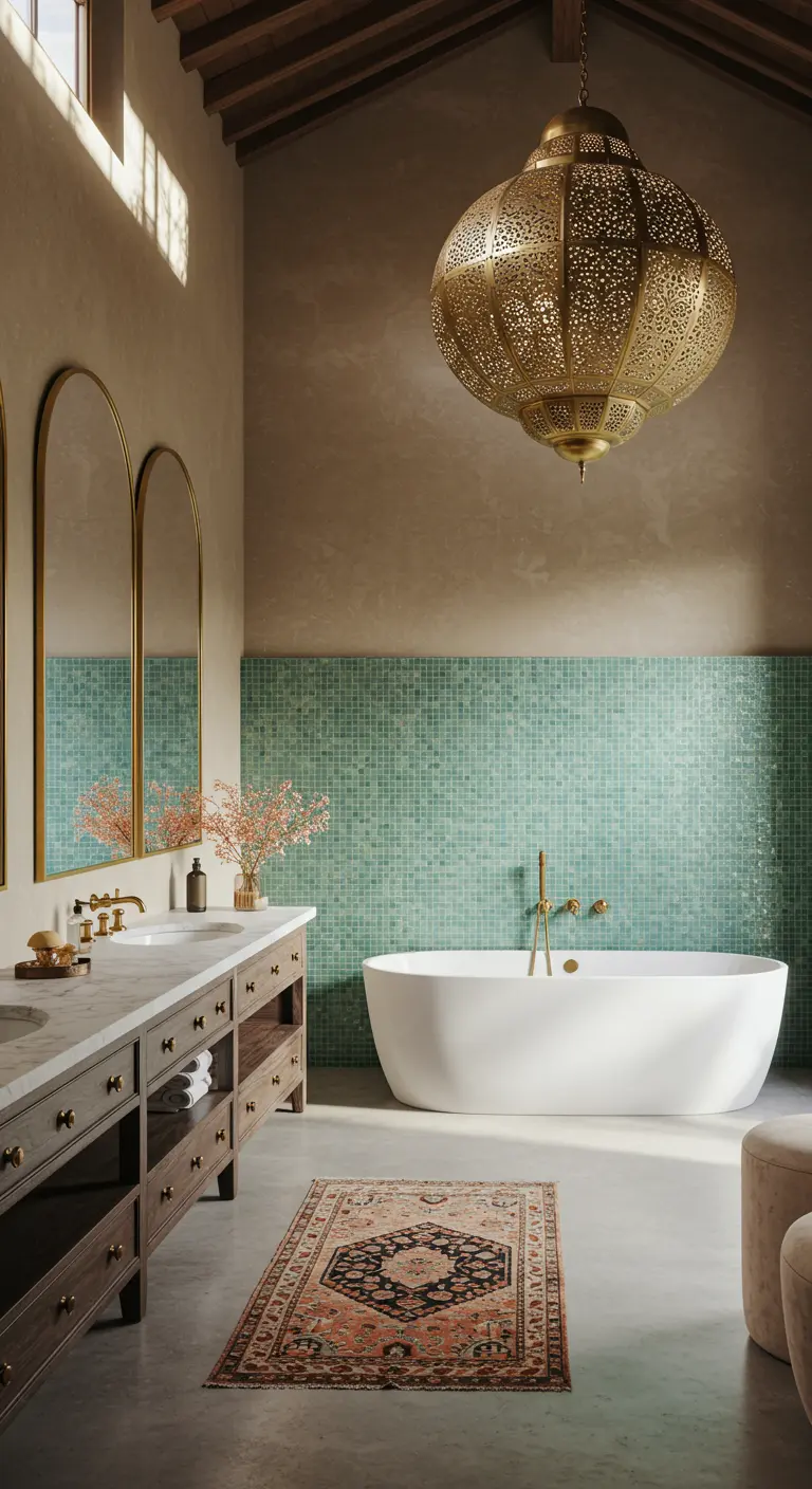 Moroccan bathroom with aqua zellige tiles and a large brass lantern.