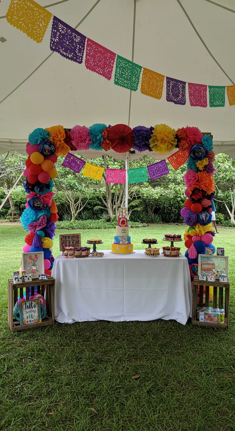 A dessert table framed by a colorful balloon and paper flower arch, with papel picado inside.