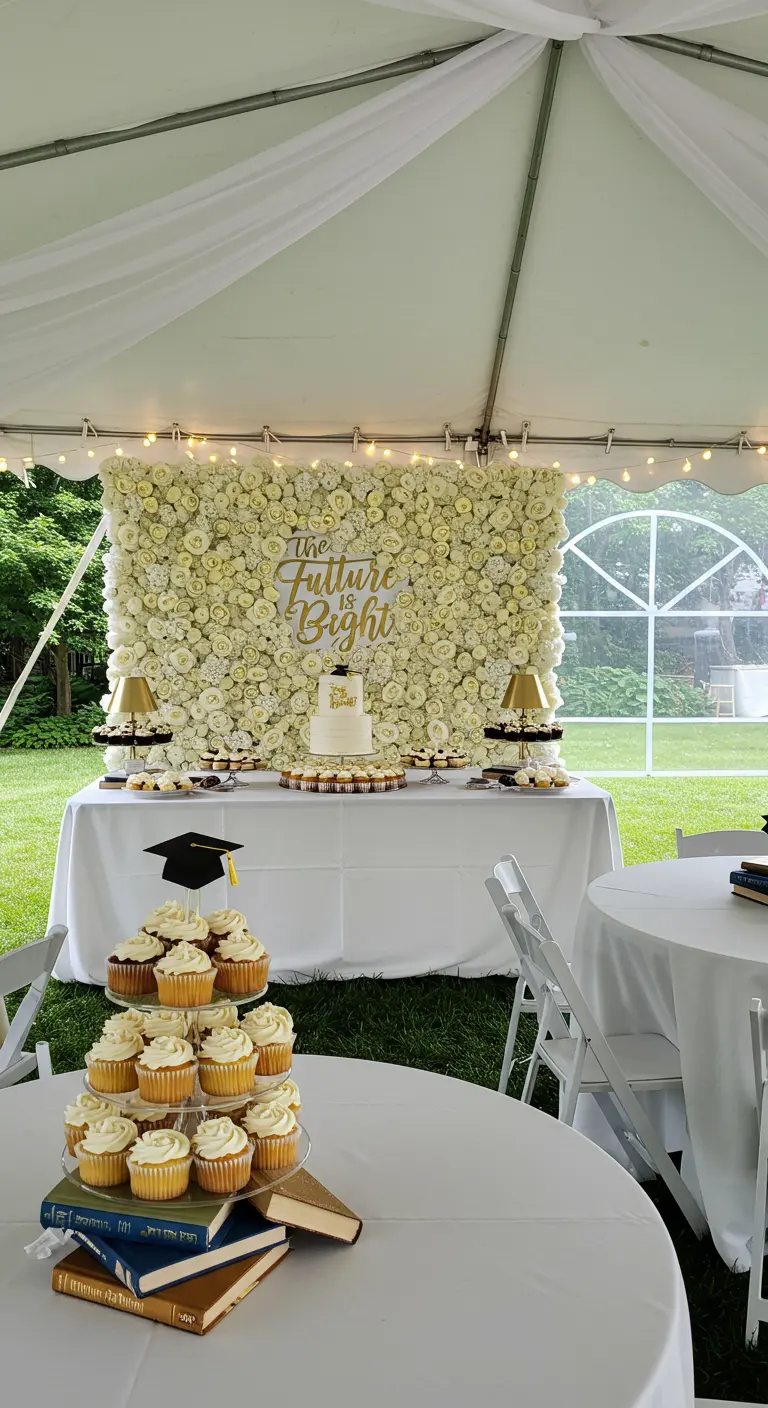 A graduation party dessert table backed by a wall of white flowers with a gold sign.