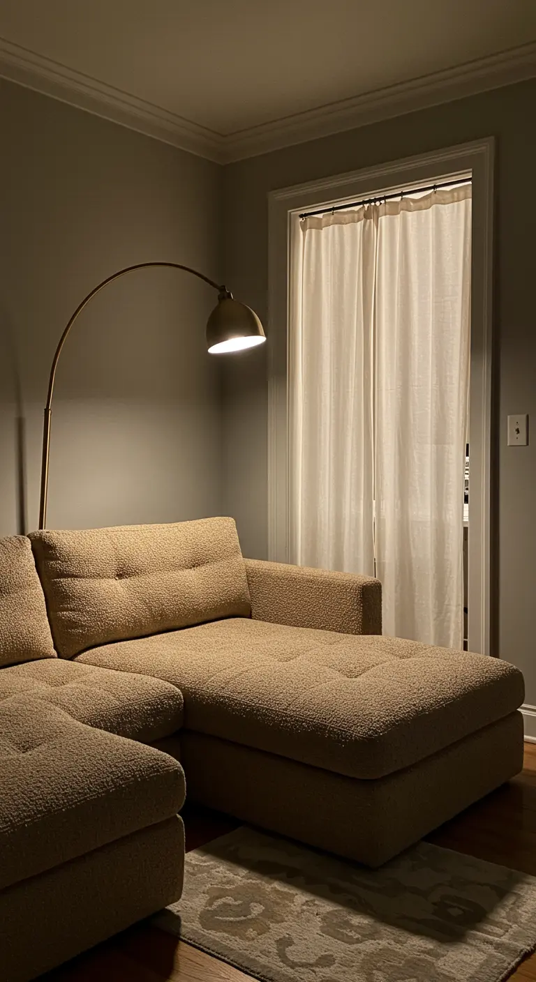 A cozy corner with a beige bouclé sectional sofa and a brass arc floor lamp.