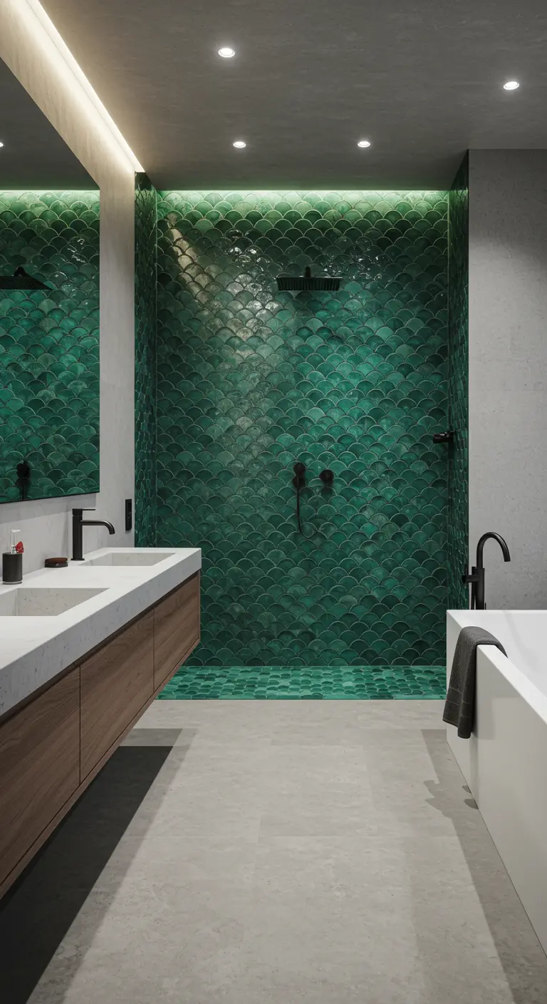Modern bathroom with a stunning emerald green fish-scale tile shower accent wall.