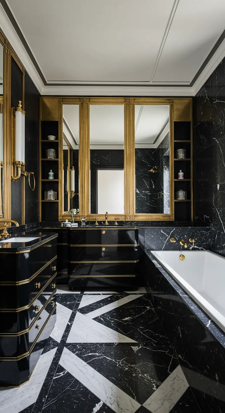 High-gloss black Art Deco bathroom with black marble and extensive gold trim around mirrors.