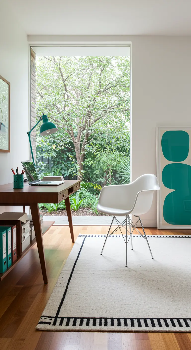 Home office with a mid-century desk facing a large window with a garden view.