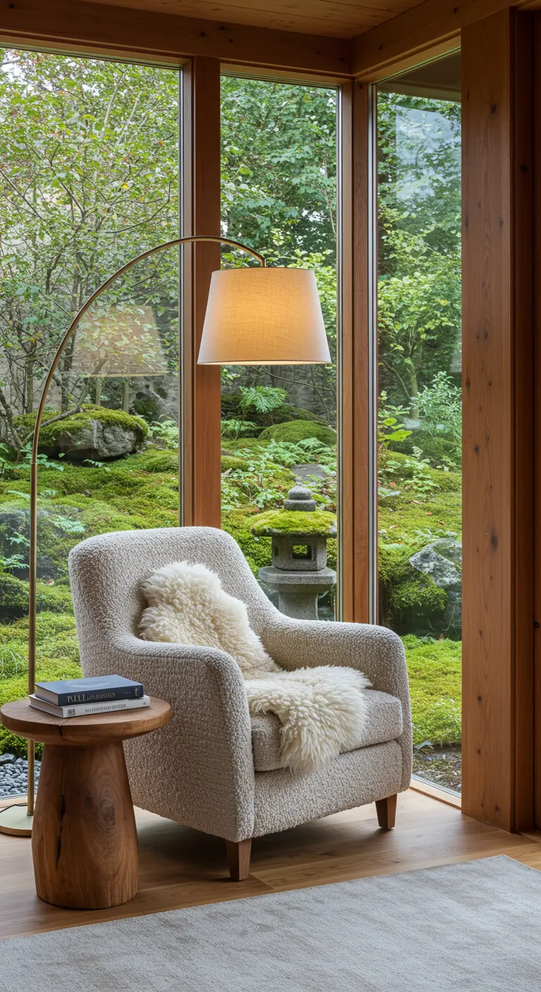 Cozy reading nook with a textured armchair overlooking a lush garden.