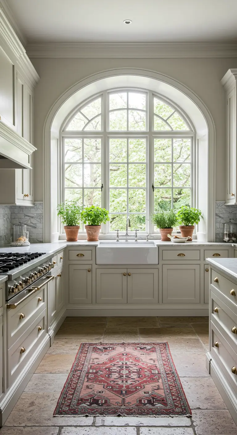 Kitchen with a large arched window over the sink and potted herbs on the sill.