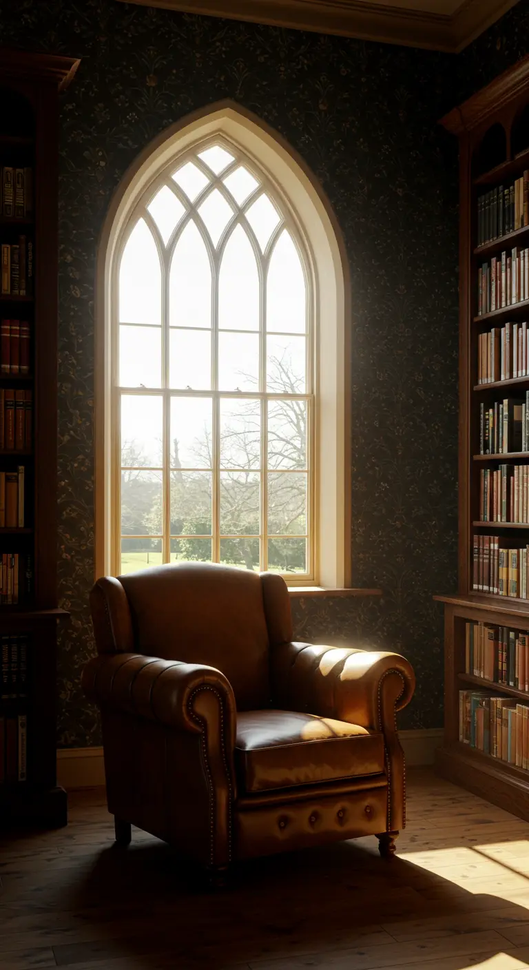 A leather armchair sits in front of a large, sunlit arched window in a dark library.