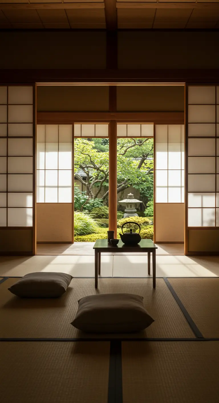 A traditional Japanese room with tatami mats and open shoji screens looking out to a garden.