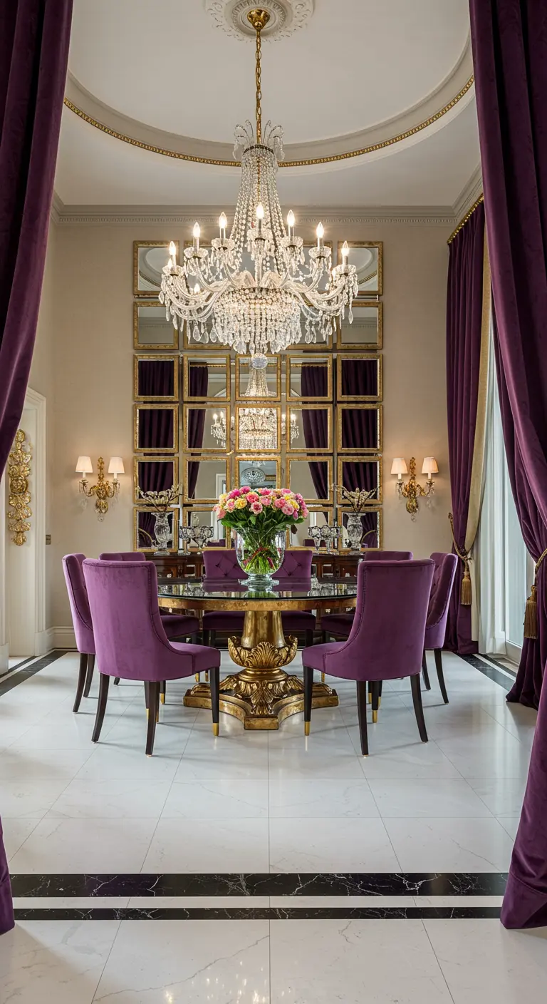 Grand dining room with purple chairs and a large, multi-panel gold-framed mirror.
