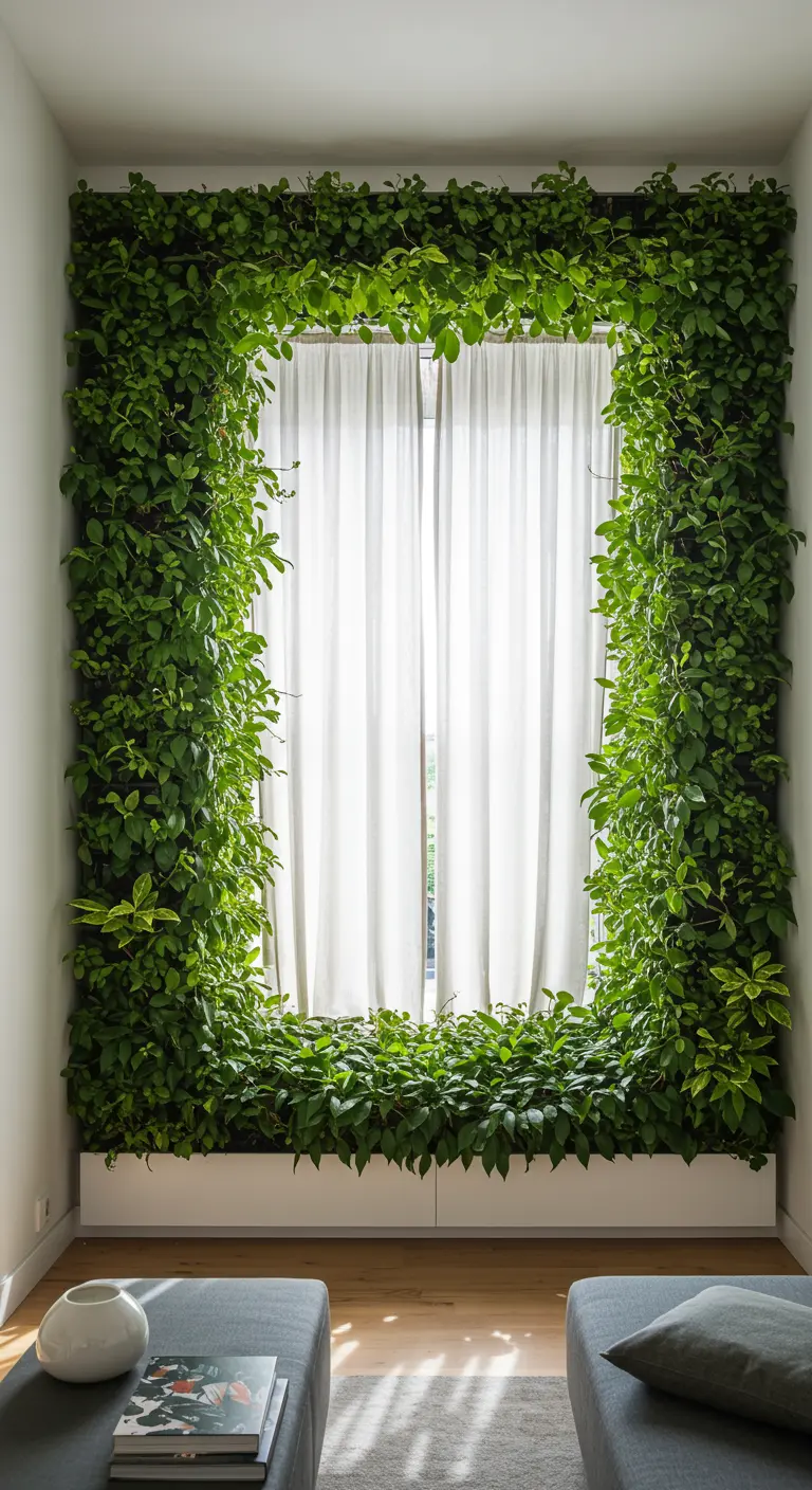 A window framed on all four sides by a built-in planter overflowing with lush green vines.