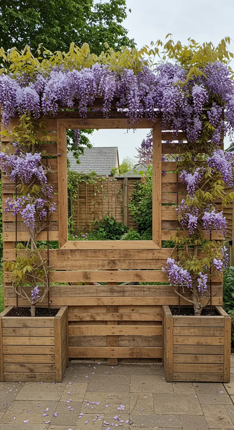 A large pallet screen with a window-like opening in the center, framed by blooming wisteria vines.