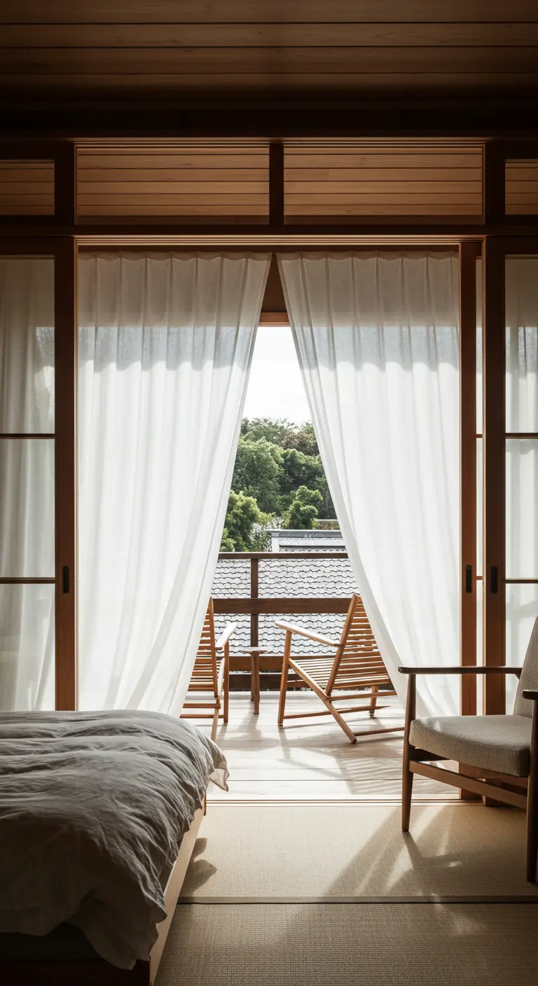 Bedroom with sheer white curtains opening to a balcony with simple wood chairs.